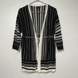 Anne Klein Cardigan Size Small Black Beige stripes drawstring waist 3/4 sleeves